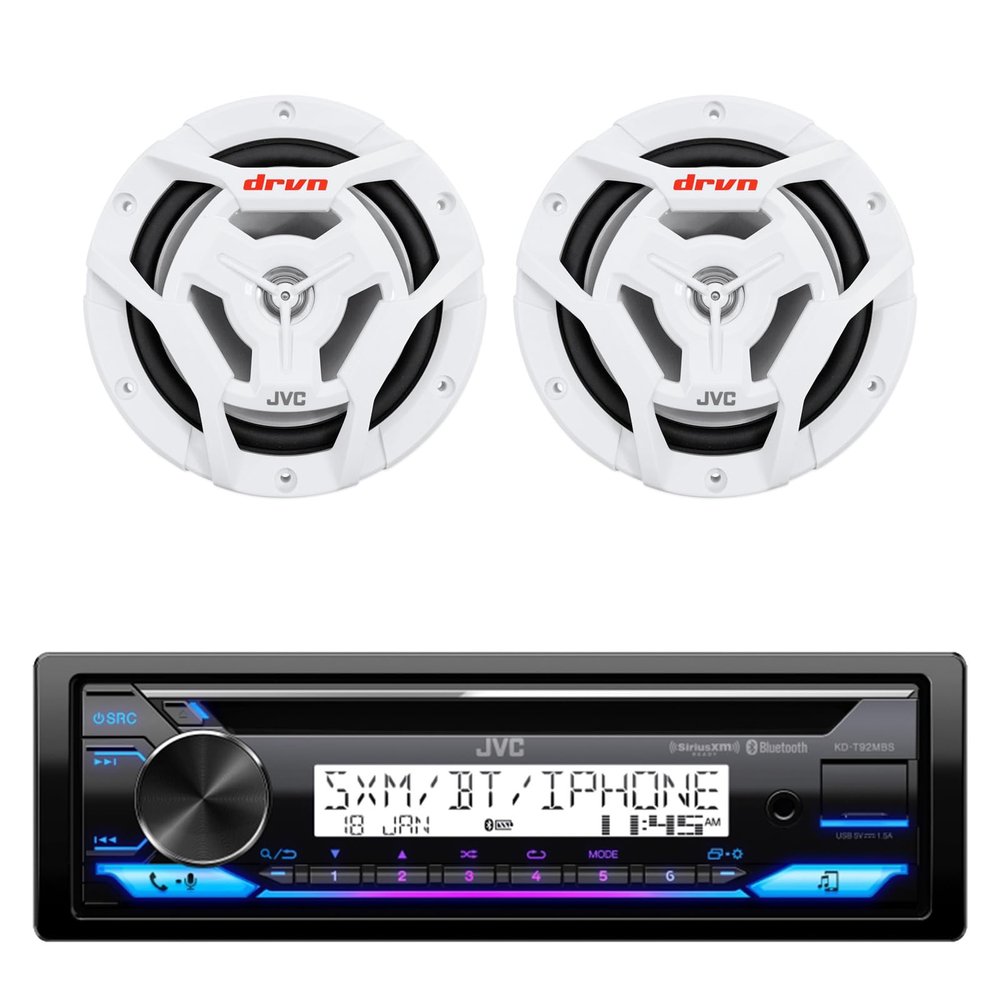 JVC KD-T92MBS Single DIN Marine Motorsports USB Bluetooth AM/FM Stereo CD Player Receiver with 2X 6.5 150 Watt Peak Power 2-Way Waterproof Boat Audio Speakers (White)