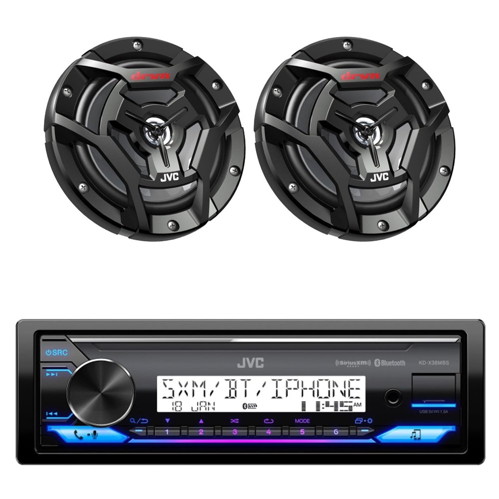 JVC KD-X38MBS Single DIN Marine Motorsports USB Bluetooth AM/FM Stereo Receiver with 2X 6.5 150 Watt Peak Power 2-Way Waterproof Boat Audio Speakers (Black)