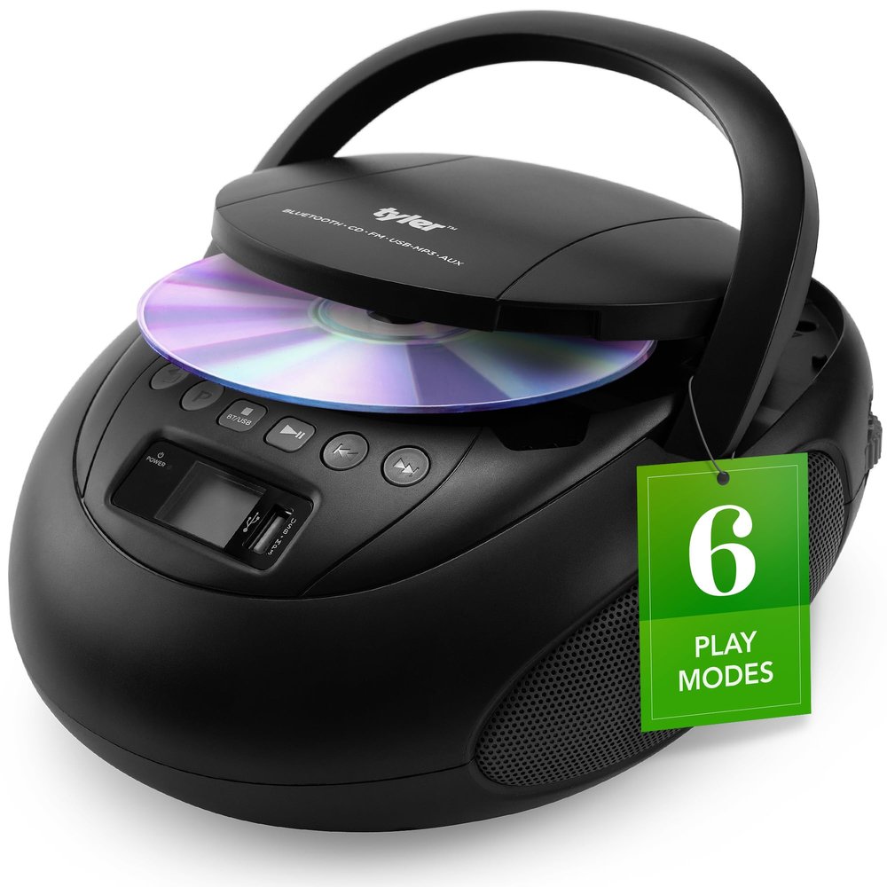 Tyler Portable CD Player Boombox with FM Radio, Bluetooth, and USB Port | Clear Stereo Sound | CD-R/RW and MP3 CDs Compatible | 3.5mm Aux Input and Headphone Jack | TAU107 - Black