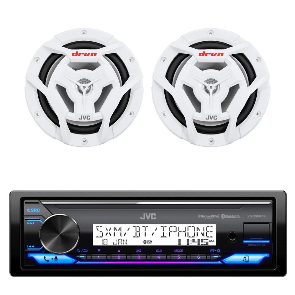 JVC KD-X38MBS Single DIN Marine Motorsports USB Bluetooth AM/FM Stereo Receiver with 2X 6.5 150 Watt Peak Power 2-Way Waterproof Boat Audio Speakers (White)