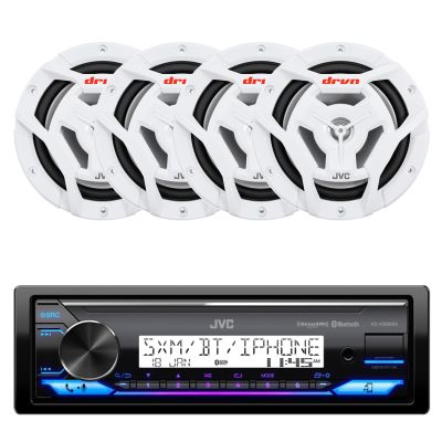 JVC KD-X38MBS Single DIN Marine Motorsports USB Bluetooth AM/FM Stereo Receiver with 4X 6.5 150 Watt Peak Power 2-Way Waterproof Boat Audio Speakers (White)