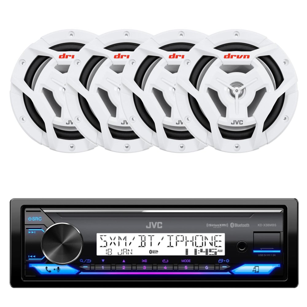 JVC KD-X38MBS Single DIN Marine Motorsports USB Bluetooth AM/FM Stereo Receiver with 4X 6.5 150 Watt Peak Power 2-Way Waterproof Boat Audio Speakers (White)