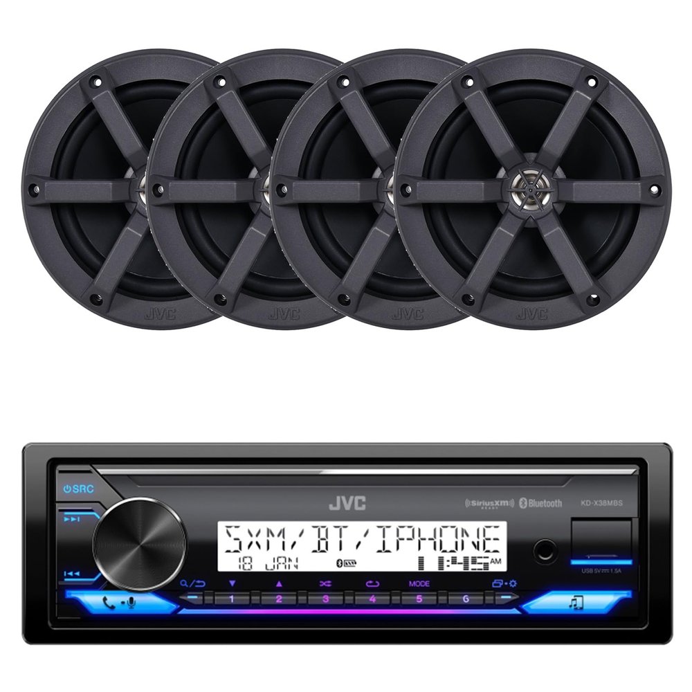 JVC KD-X38MBS Single DIN Marine Motorsports USB Bluetooth AM/FM Stereo Receiver with 4X CS-MS620 6.5" 100 Watt Max Power 2-Way Boat Audio Speakers