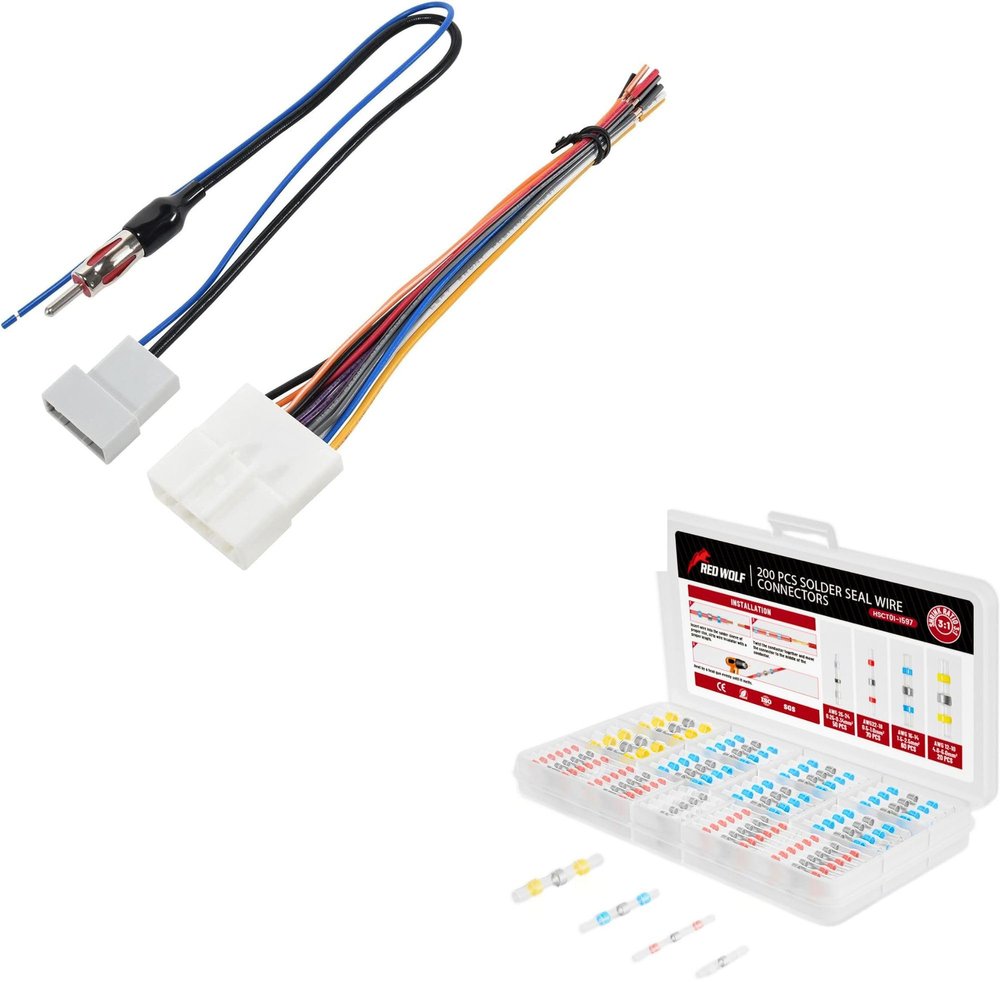 RED WOLF Stereo Wire Harness w/Antenna Adapter for Select 2007-2013 Nissan Subaru Infiniti Murano w/200 PCS Solder Seal Wire Connector Kit 26-10 Gauge AWG Self Soldering Wire Heat Shrink Butt Splice