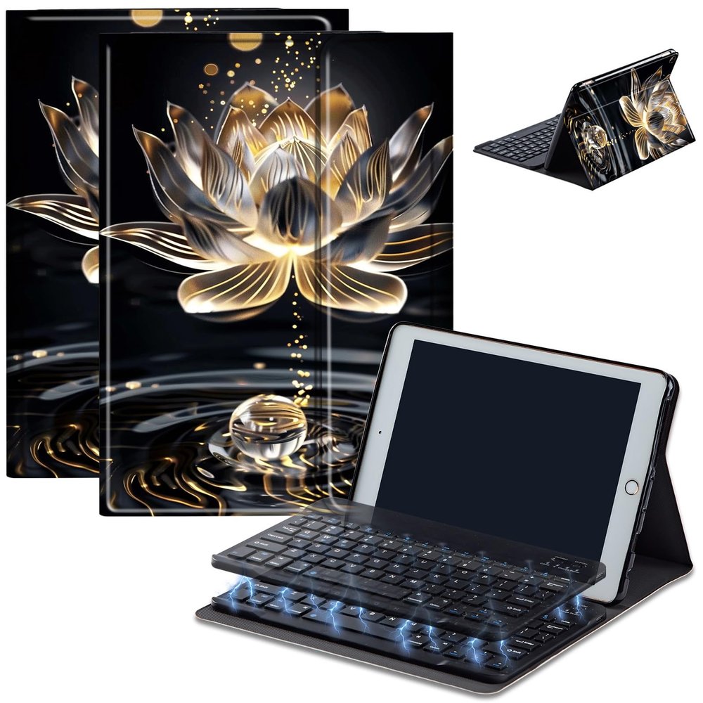 Keyboard Case for Amazon Fire Max 11 (13th Generation, 2023 Release), Detachable Wireless Bluetooth Keyboard and Auto Sleep/Wake Fire Max 11 Tablet Case with Keyboard, Golden Lotus Flower
