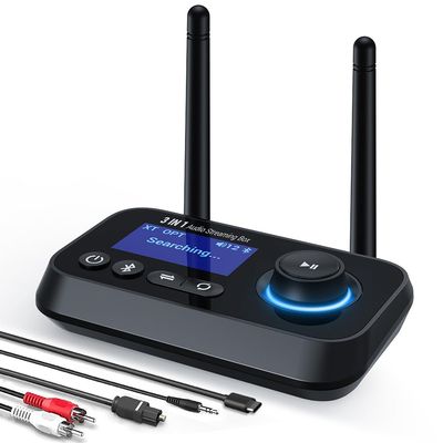 Ainostone Bluetooth Transmitter Receiver 3-in-1 Bluetooth 5.3 Audio Adapter for 2 Headphones with Dual Antenna Bypass Volume Control LCD Display 3.5mm Aux/Optical/RCA for Home Stereo TV Speaker PC