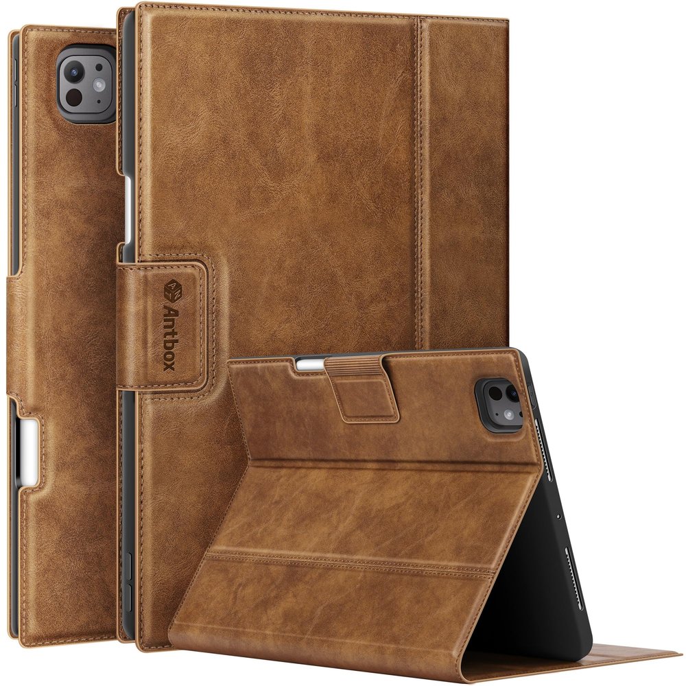 Antbox for iPad Pro 11 Inch Case M5 2025/M4 2024, Premium Vegan Leather, Supports Pencil Pro and Pencil (USB-C), Auto Sleep/Wake Function, Built-in Pencil Holder (Tan)