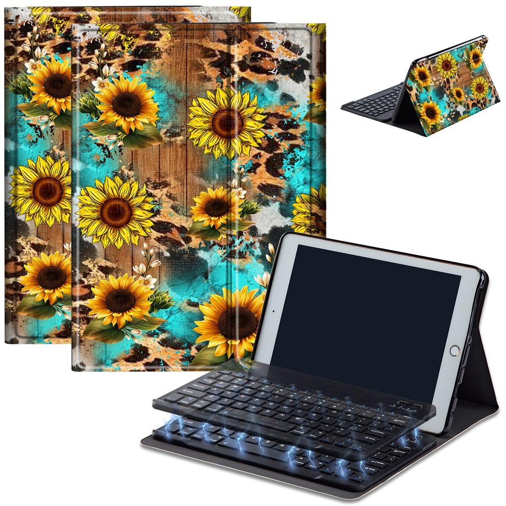 AIRWEE Keyboard Case for Amazon Fire Max 11 (13th Generation, 2023 Release), Detachable Wireless Bluetooth Keyboard and Auto Sleep/Wake Fire Max 11 Tablet Case with Keyboard, Leopard Sunflower