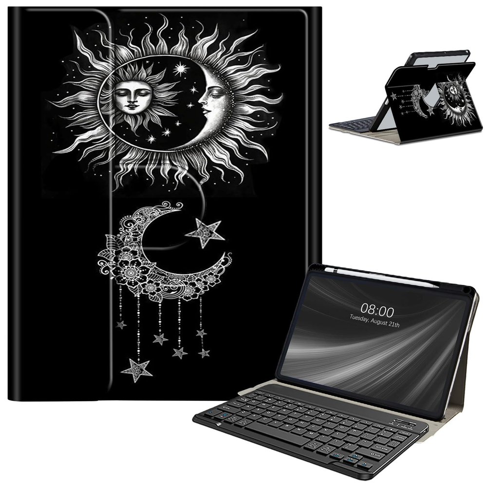 Keyboard Case for Samsung Galaxy Tab S9 FE 10.9'' / Tab S9 11'' 2023 with S Pen Holder, Detachable Wireless Bluetooth Keyboard, with Auto Sleep/Wake Galaxy Tab S9 FE 5G Case, Black Sun Moon