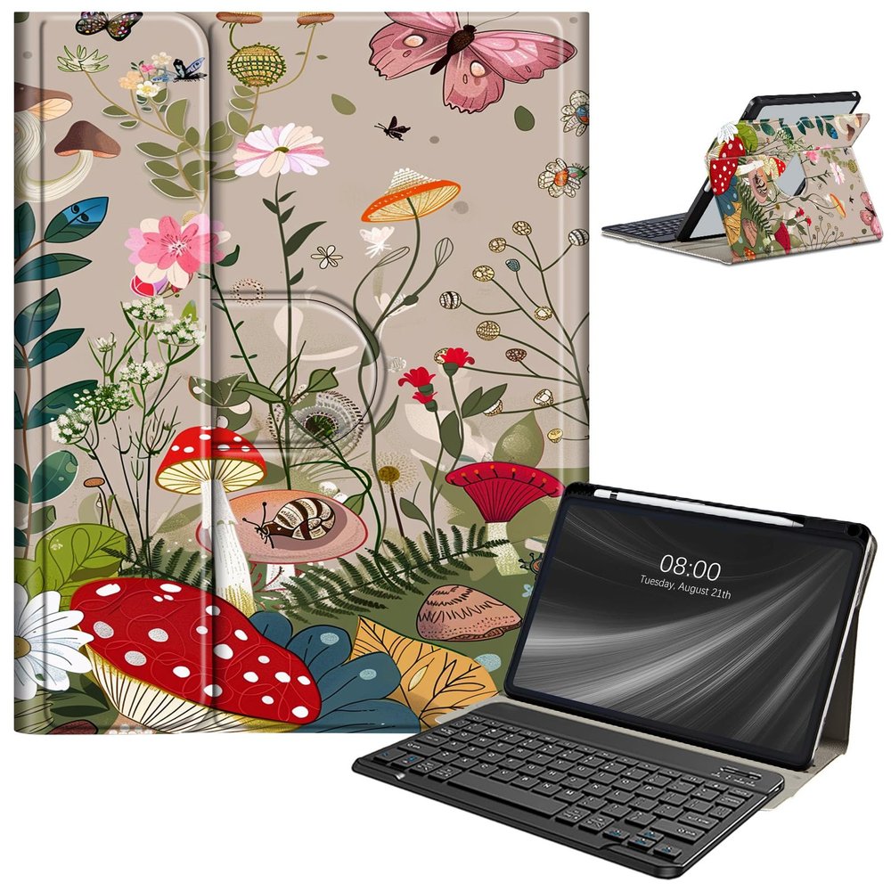 Keyboard Case for Samsung Galaxy Tab S9 FE 10.9'' / Tab S9 11'' 2023 with S Pen Holder, Detachable Wireless Bluetooth Keyboard, with Auto Sleep/Wake Galaxy Tab S9 FE 5G Case, Snails Mushrooms