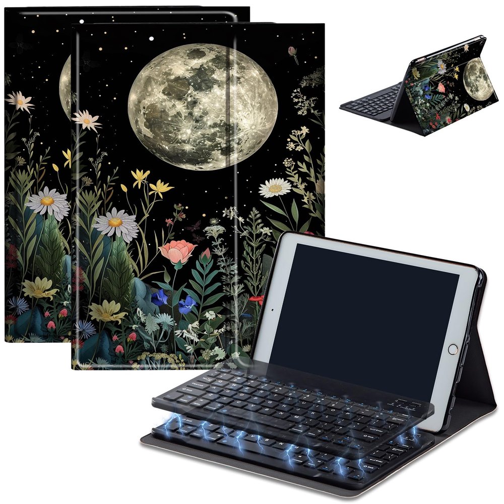 Keyboard Case for Amazon Kindle Fire HD 8/HD 8 Plus(2020 Release, 10th & 2022 Release, 12th), Detachable Wireless Bluetooth Keyboard and Auto Sleep/Wake Fire HD8 Case Keyboard, Moonflower