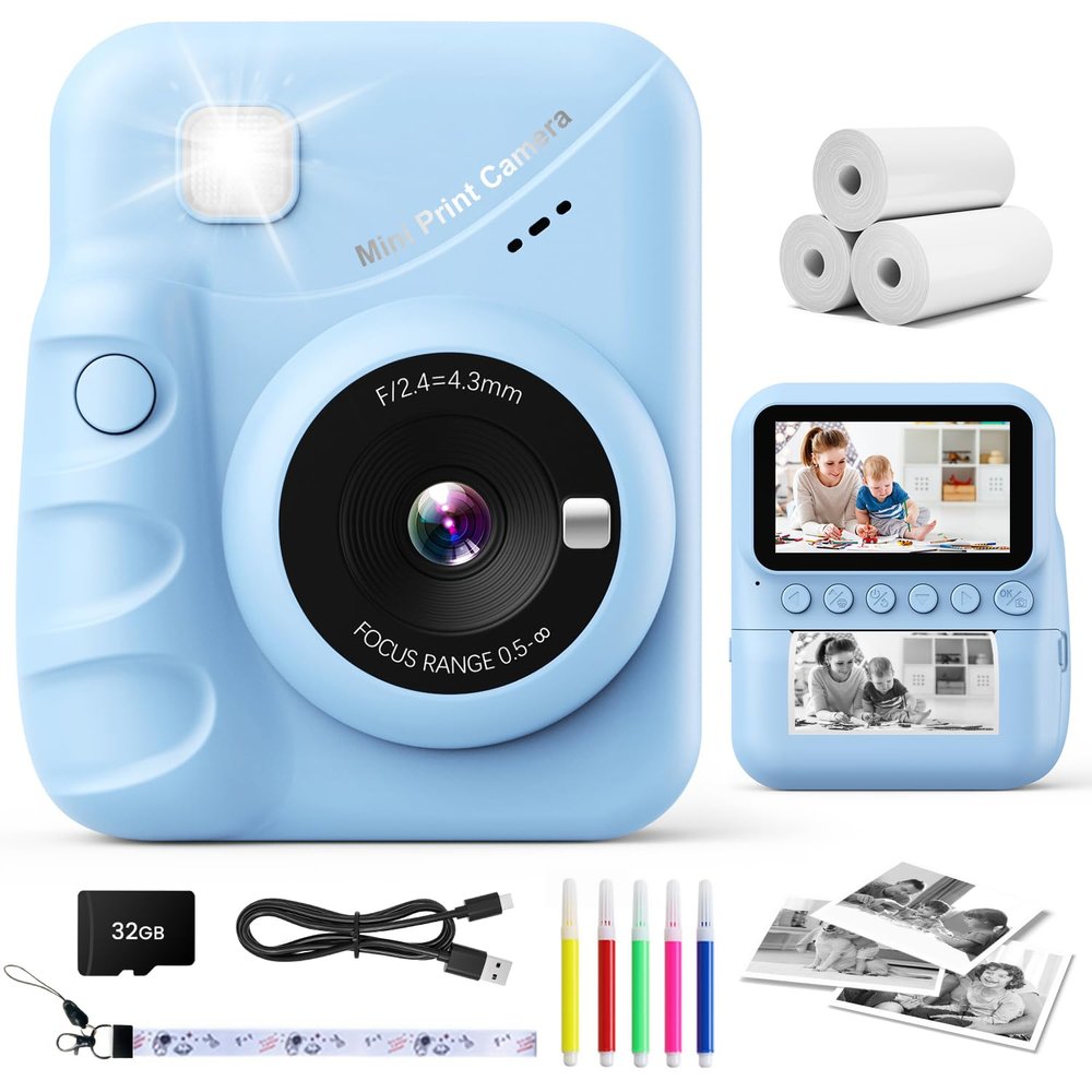 Kids Camera Instant Print, 3.0'' Screen 48MP Photo Instant Camera for Kids with 32GB Card, 1080P HD Digital Child Printable Toy, Gift for 3-12 Year Old Girls Boys