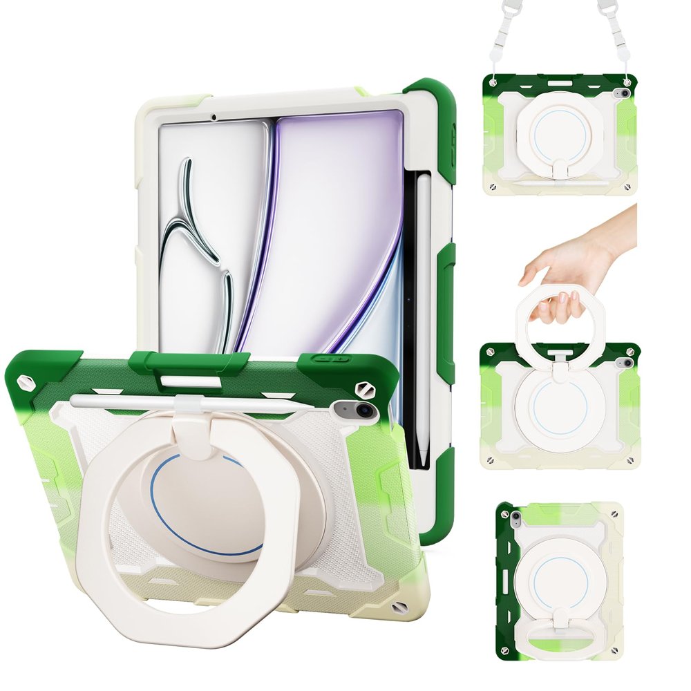 ACEMO for iPad Air 13 Inch Case M3 2025 & iPad Air 13 Inch M2 2024 with Pencil Holder/ 360 Rotating Kickstand/Grip Handle/Shoulder Strap for Kids Girls Heavy Duty Rugged Protective Cover, Green