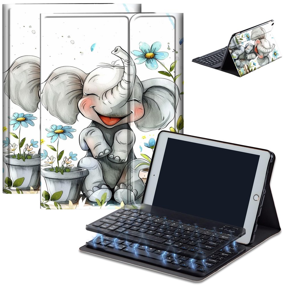 AIRWEE Keyboard Case for Amazon Fire Max 11 (13th Generation, 2023 Release), Detachable Wireless Bluetooth Keyboard and Auto Sleep/Wake Fire Max 11 Tablet Case with Keyboard, Happy Elephant