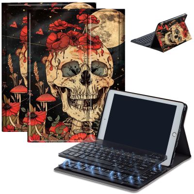 AIRWEE Keyboard Case for Amazon Kindle Fire HD 8/HD 8 Plus(2020 Release, 10th & 2022 Release, 12th), Detachable Wireless Bluetooth Keyboard and Auto Sleep/Wake Fire HD8 Case Keyboard, Safflower Skull