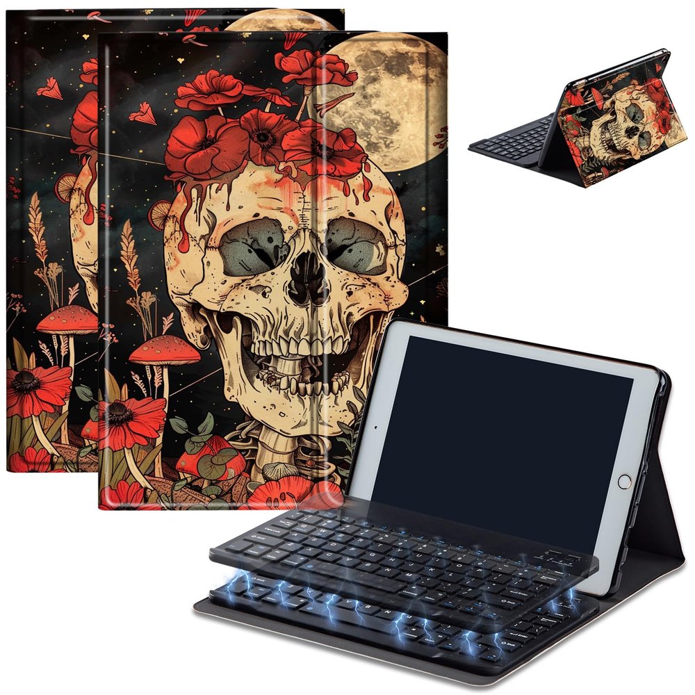 AIRWEE Keyboard Case for Amazon Kindle Fire HD 8/HD 8 Plus(2020 Release, 10th & 2022 Release, 12th), Detachable Wireless Bluetooth Keyboard and Auto Sleep/Wake Fire HD8 Case Keyboard, Safflower Skull