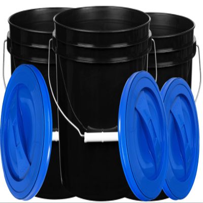 House Naturals 2 Gallon White Bucket with Screw on Lid - Pack of 3 Made in USA contrainers (Black Buckets with Blue Lids)