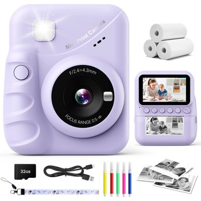 Kids Camera Instant Print, 3.0'' Screen 48MP Photo Instant Camera for Kids with 32GB Card, 1080P HD Digital Child Printable Camera, Gift for 3-12 Year Old Girls Boys (Purple)