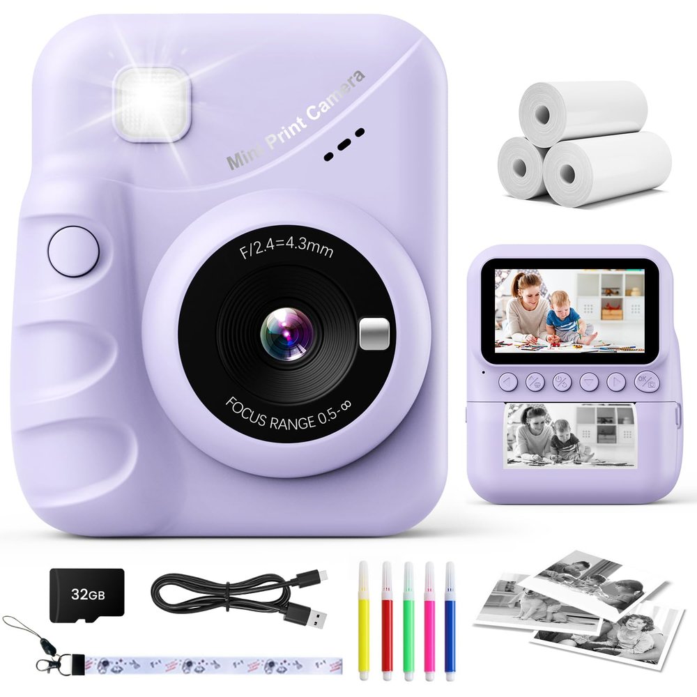 Kids Camera Instant Print, 3.0'' Screen 48MP Photo Instant Camera for Kids with 32GB Card, 1080P HD Digital Child Printable Camera, Gift for 3-12 Year Old Girls Boys (Purple)