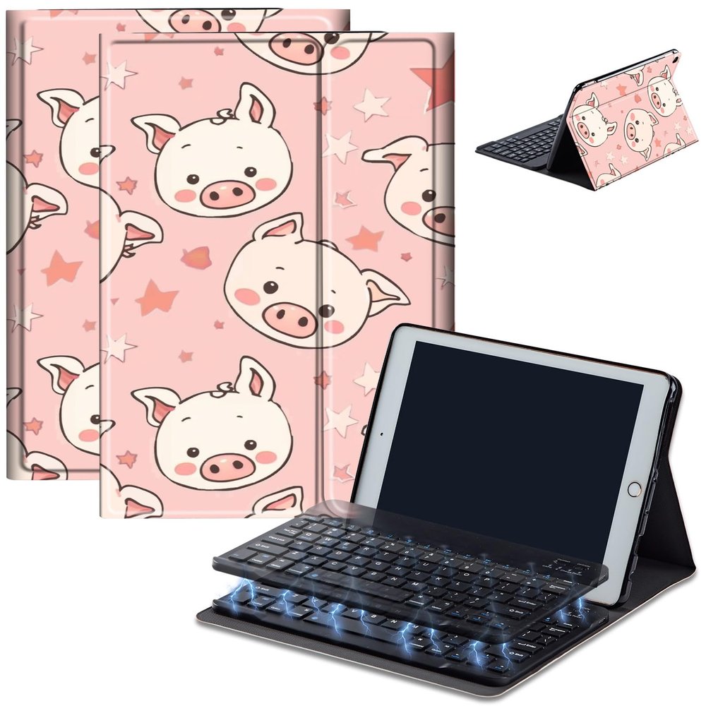 Keyboard Case for Samsung Galaxy Tab A 10.1 2019 (SM-T510/T515), Detachable Wireless Bluetooth Keyboard Case for 10.1 Inch Galaxy Tab A Tablet SM-T510 SM-T515 SM-T517 2019, Kawaii Pink Pig