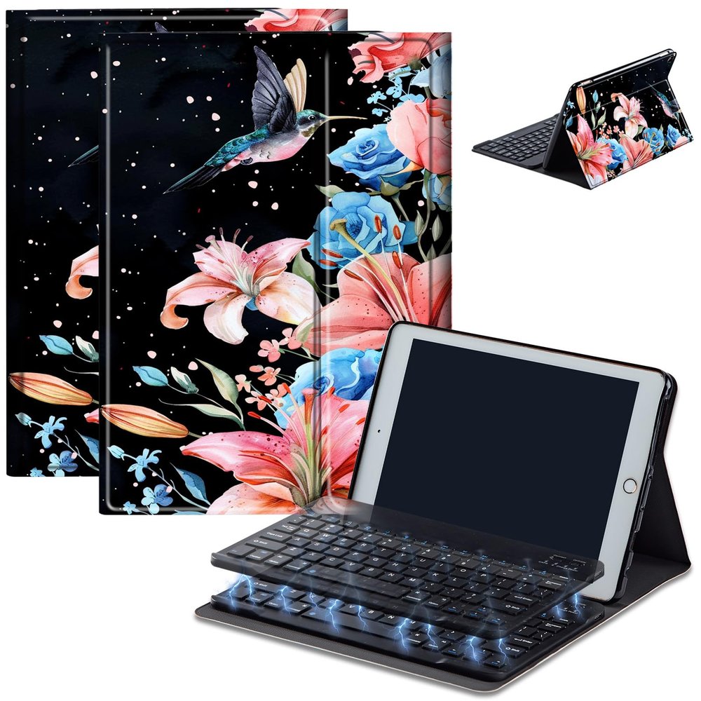 Keyboard Case for Samsung Galaxy Tab A 10.1 2019 (SM-T510/T515), Detachable Wireless Bluetooth Keyboard Case for 10.1 Inch Galaxy Tab A Tablet SM-T510 SM-T515 SM-T517 2019, Hummingbird Flower