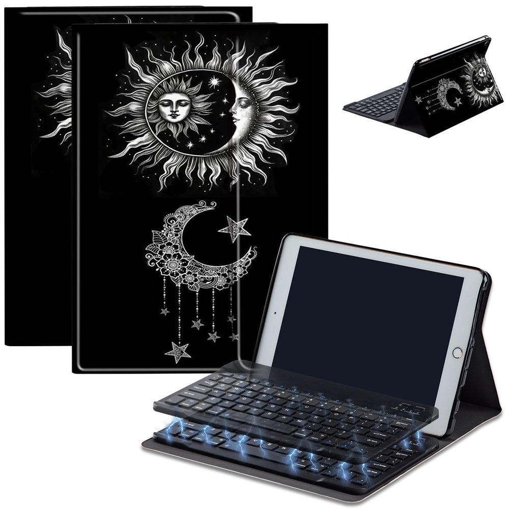 AIRWEE Keyboard Case for Amazon Kindle Fire HD 8/HD 8 Plus(2020 Release, 10th & 2022 Release, 12th), Detachable Wireless Bluetooth Keyboard and Auto Sleep/Wake Fire HD8 Case Keyboard, Black Sun Moon