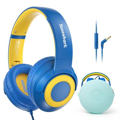 TONOSHARK Kids Wired Headphones with Microphone, Volume Limited to 85/94dB, Foldable 3.5mm Jack Headset for Girls, Pink Over-Ear Headphones for School, Study & Travel, Includes Carry CaseBlue