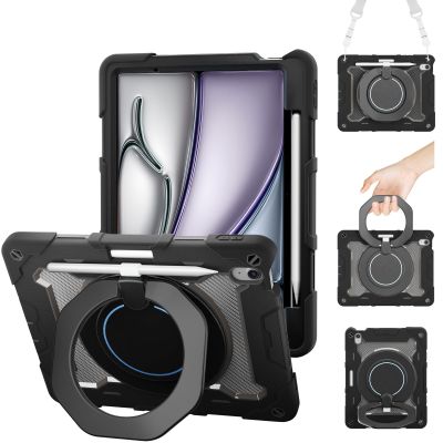 ACEMO for iPad Air 13 inch Case M3 2025 & iPad Air 13 inch Case M2 2024 with Pencil Holder, 360 Rotating Kickstand Handle, Shoulder Strap for Kids Girls Heavy Duty Protective Cover, Black