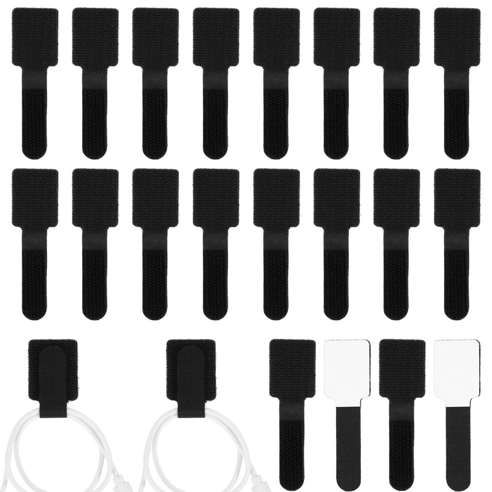 20Pcs Hook and Loop Cable Ties Self Adhesive Hook and Loop Cable Straps Wrap Racks Adjustable Cable Straps Sticky Cord Organizer for Charging Cable Appliances at Office Home(Black)