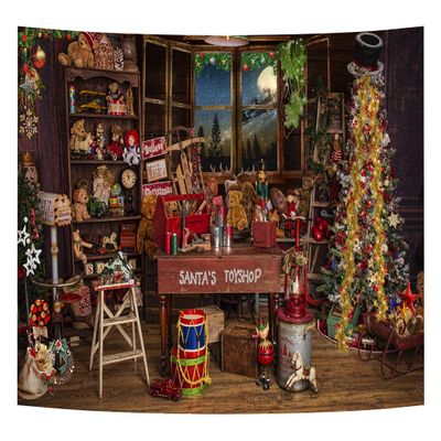 10X7FT Santa's Toy Shop Christmas Night Backdrop Photography Happy New Year Background Christmas Tree Toys Gift White Snow Store Christmas Party Decoration Family Party Banner Photo Props Supplies