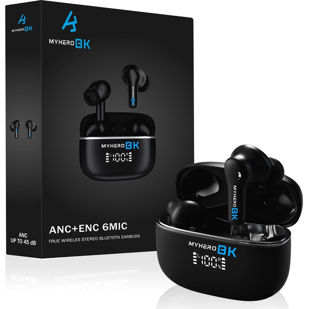 myherobk Hybrid Active Noise Cancelling Wireless Earbuds, 6 Mics ENC AI Call, Headphones Bluetooth 5.4, Earphones with Transparency Mode and Deep Bass in-Ear, Smart Power LED Display, 40 Hrs Playtime
