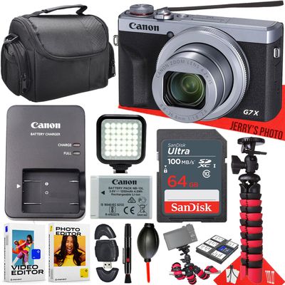 Canon PowerShot G7 X Mark III Digital Camera (Silver) + 64GB Memory + LED Light + Spider Tripod + PC Software + Cleaning Kit + More (14pc Bundle) (Renewed)