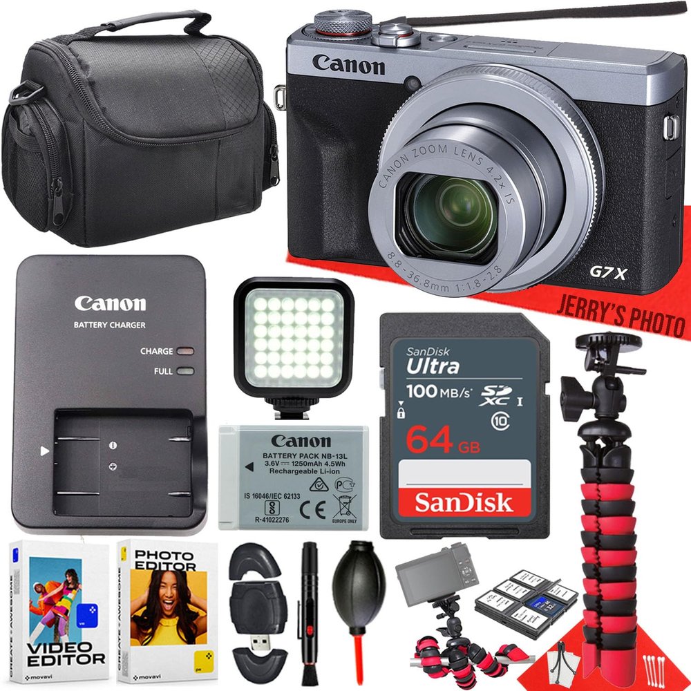 Canon PowerShot G7 X Mark III Digital Camera (Silver) + 64GB Memory + LED Light + Spider Tripod + PC Software + Cleaning Kit + More (14pc Bundle) (Renewed)