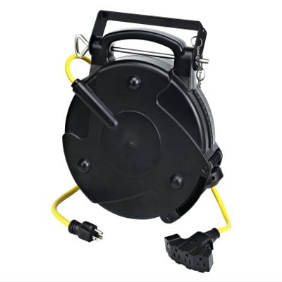 Alert ProReel Professional Grade ProReel 8675MFQ Heavy Duty Retractable Extension Cord Reel | 75 Foot 14/3 SJTOW 10 Amp Quad-Tap Industrial Cord | Four 5-15R Receptacles with Power On Indicator