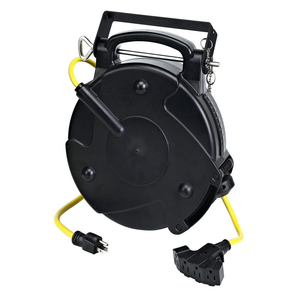 Alert ProReel Professional Grade ProReel 8675MFQ Heavy Duty Retractable Extension Cord Reel | 75 Foot 14/3 SJTOW 10 Amp Quad-Tap Industrial Cord | Four 5-15R Receptacles with Power On Indicator