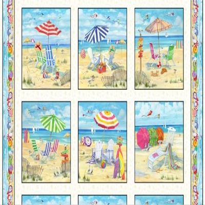 24" X 44" Panel Beach Vista Vacation Beach Chairs Beach Umbrellas Summertime White Cotton Fabric Panel (6510SAND)