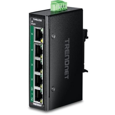 TRENDnet 5-Port Industrial Fast Ethernet PoE+ DIN-Rail Mini Switch, TI-PELC50, NDAA + TAA Compliant, 4 x 10/100Mbps PoE+ Ports, 1 x 10/100Mbps Port, 90W PoE+ Power Budget