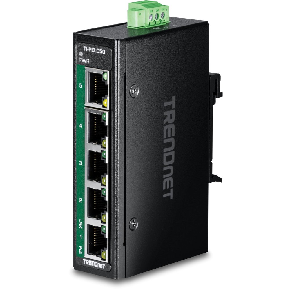 TRENDnet 5-Port Industrial Fast Ethernet PoE+ DIN-Rail Mini Switch, TI-PELC50, NDAA + TAA Compliant, 4 x 10/100Mbps PoE+ Ports, 1 x 10/100Mbps Port, 90W PoE+ Power Budget