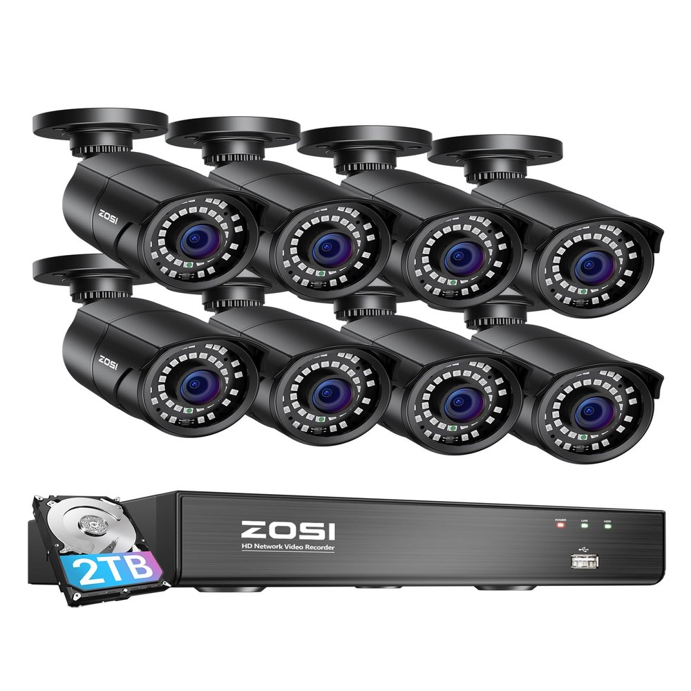 ZOSI 8MP 4K PoE Home Security Camera System Outdoor, H.265+ 8CH PoE NVR (16CH Expandable) with 2TB HDD for 24/7 Recording, 8PCS 5MP(3K) Bullet IP Cameras, Motion Detection, Remote Control