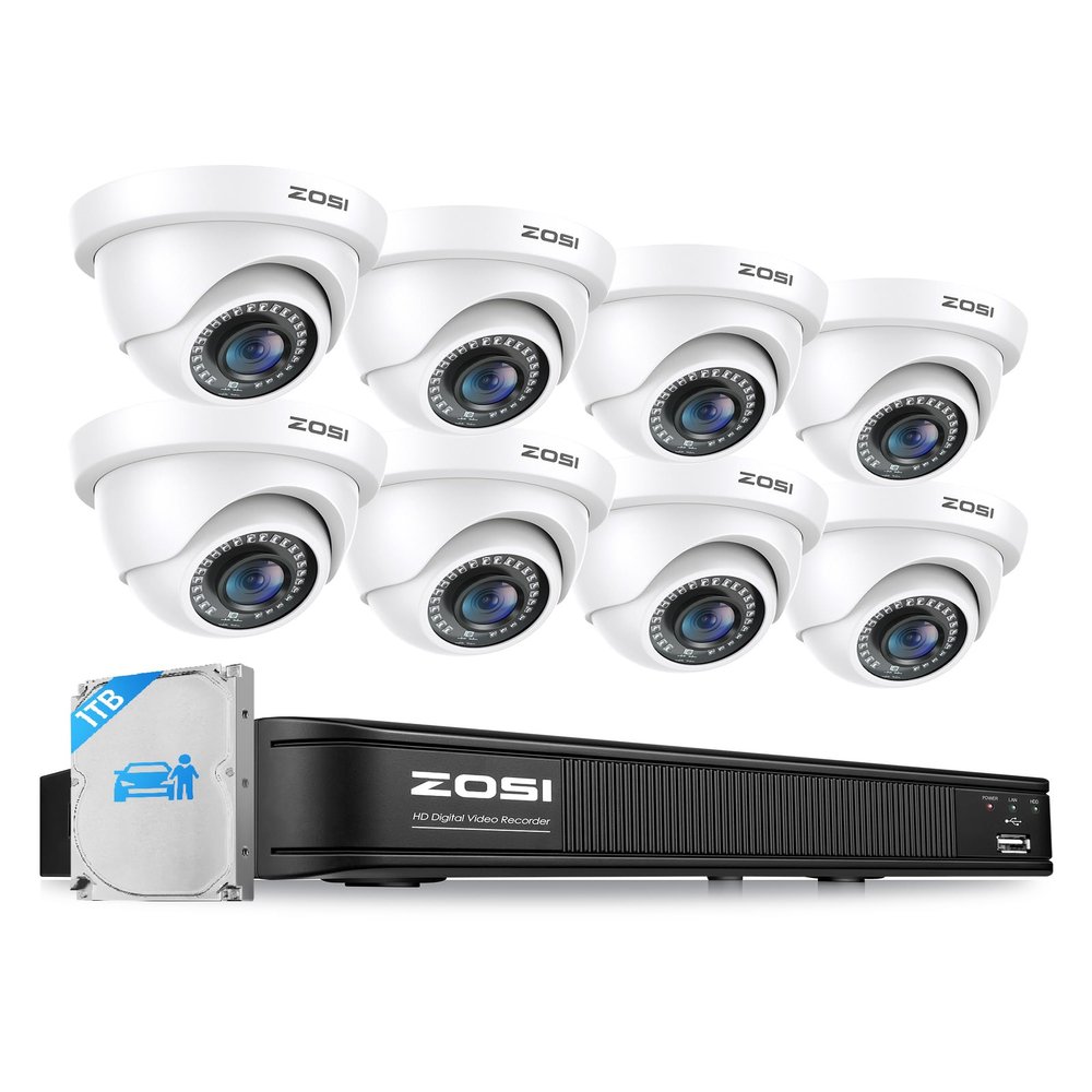 ZOSI 5MP 3K Lite 8 Channel H.265+ Home Security Camera System with AI Human Vehicle Detection, 8CH Surveillance DVR, 8 x 1080p Weatherproof CCTV Dome Camera Outdoor Indoor, 80ft Night Vision, 1TB HDD