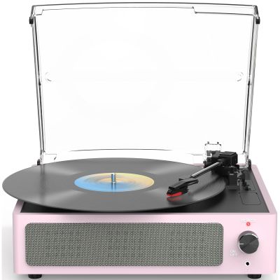 WOCKODER Record Players for Vinyls Turntable with Speakers Belt-Driven Turn Tables LP Phonograph Support 3-Speed Full Size Bluetooth Wireless Playback Headphone AUX RCA Line New Sleek Pale Light Pink