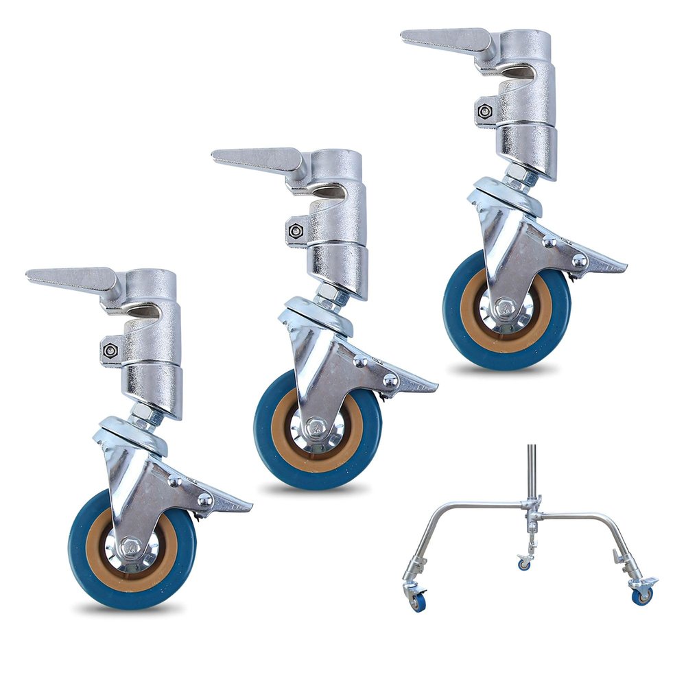 3 Packs Professional Swivel Caster Wheels Set,Heavy Duty Photography C Stand Rolling Metal Rubber Wheels with Brake for Photo Video Studio Shooting, Foldable Light Stand Tripod PU Light Stand Wheel