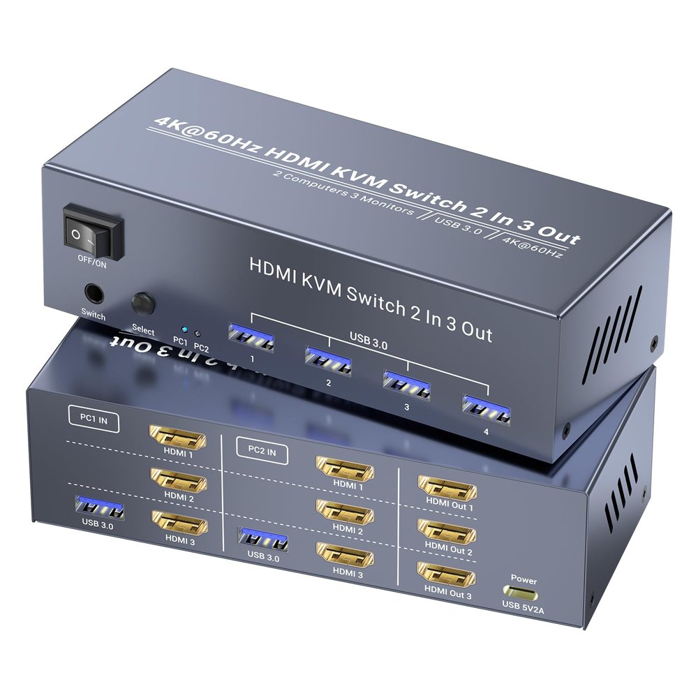 4K@60Hz Three Monitor HDMI KVM Switch, 2 Port HDMI KVM Switch 3 Minitors 2 Computers for Managing 2 PC Using 1 Set of Keyboard Mouse, 2 PC Share 4 USB 3.0 Ports