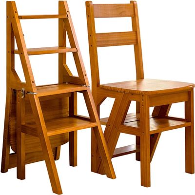 REVECKOL 4 Tier Folding Ladder Chair, 3-in-1 Wood Step Ladder, Multi-Functional Step Stool, 265 lbs Large Capacity Display and Storage Shelf for Home, Library, Kitchen (Nut Brown)