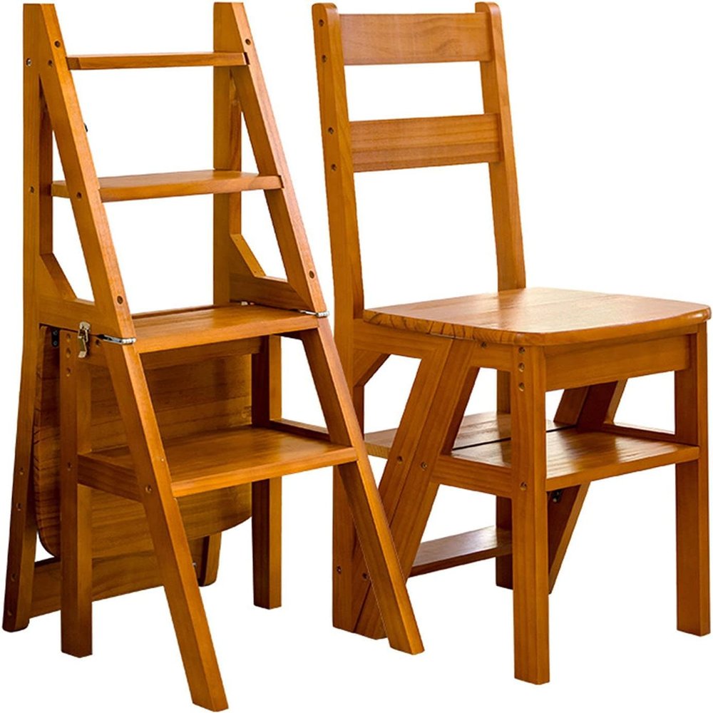 REVECKOL 4 Tier Folding Ladder Chair, 3-in-1 Wood Step Ladder, Multi-Functional Step Stool, 265 lbs Large Capacity Display and Storage Shelf for Home, Library, Kitchen (Nut Brown)