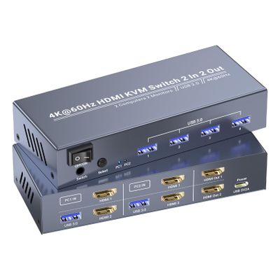 4K60Hz USB3.0 Dual Monitor HDMI KVM Switch 2 Minitors 2 Computers, 2 Port HDMI KVM Switch for Managing 2 PCs with 1 Set of Keyboard and Mouse, 4 USB 3.0 Ports Sharing