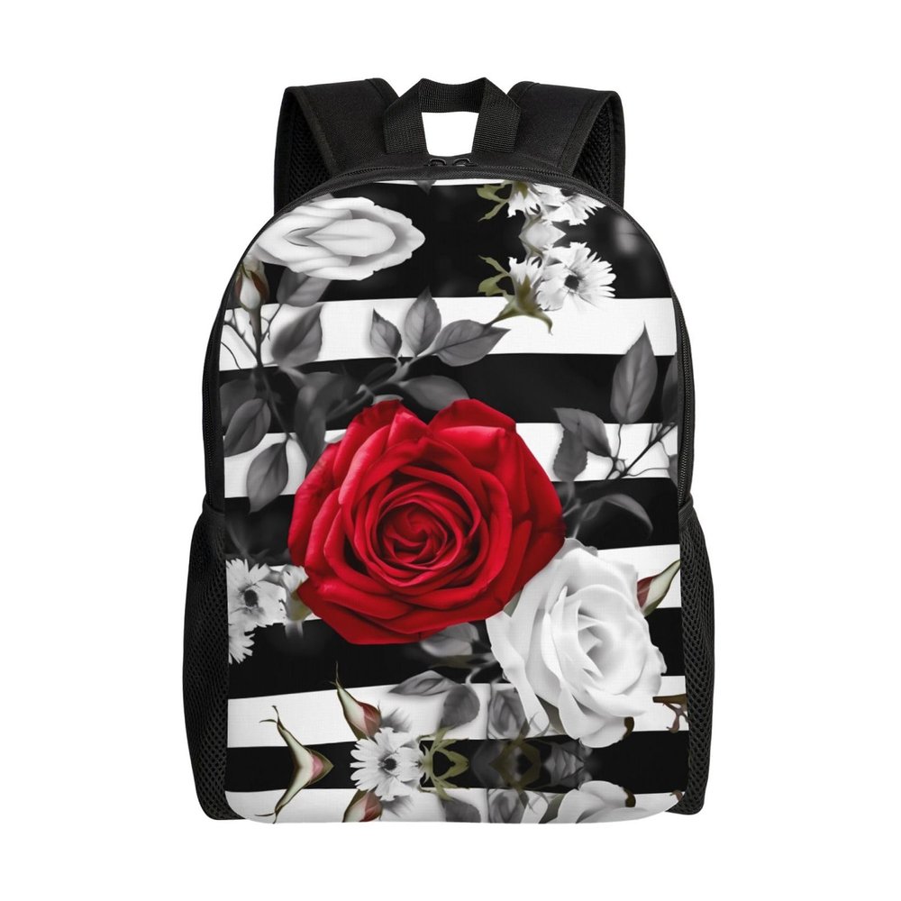 Black White Stripes Red Rose Flowers Cute Backpack Waterproof Lightweight Casual Daypack Travel Laptop Bag For Women Men