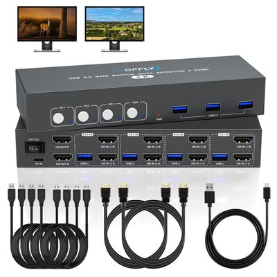 USB3.0 Switch HDMI Kvm Switch 4 Computers 2 Monitors with 3 USB Ports, 4K@60Hz for 4 Computers Sharing 2 Monitors and Keyboard Mouse, Supports Button Control, EDID Compatible