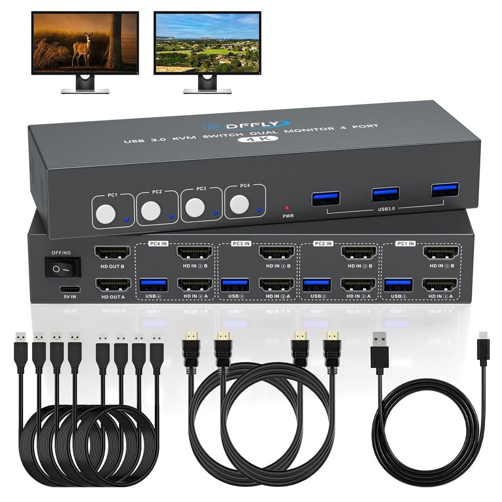USB3.0 Switch HDMI Kvm Switch 4 Computers 2 Monitors with 3 USB Ports, 4K@60Hz for 4 Computers Sharing 2 Monitors and Keyboard Mouse, Supports Button Control, EDID Compatible