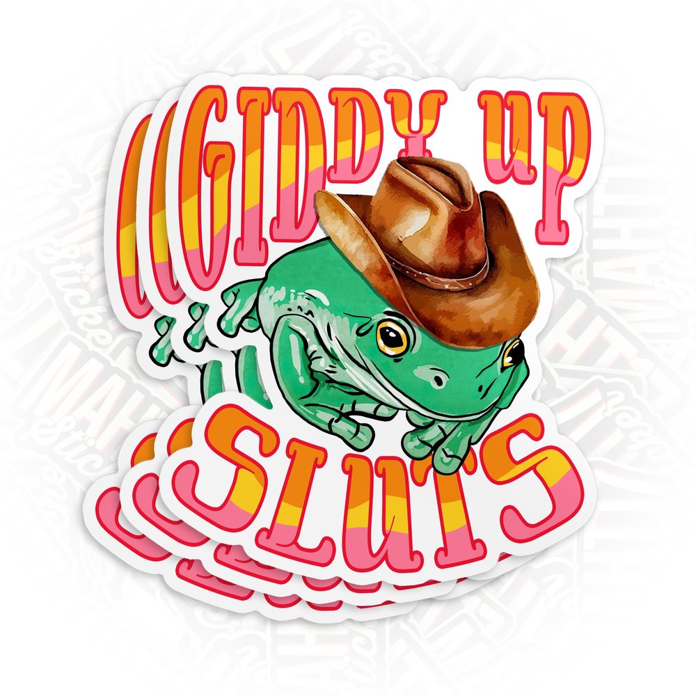 (3Pcs-3") Giddy Up Sluts Frog Stickers Funny Cowboy Frog Retro Hippie Waterproof Die-Cut Vinyl Sticker for Laptop Water Bottles Tumbler Kindle Cars Bumper Decal Gifts for Her Him 3 Inches